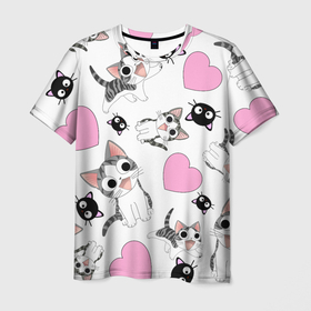 Мужская футболка 3D с принтом Влюблённый котик аниме и сердечки в Курске, 100% полиэфир | прямой крой, круглый вырез горловины, длина до линии бедер | 
