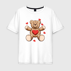 Мужская футболка хлопок Oversize с принтом Плюшевый медведь игрушка с сердцем , 100% хлопок | свободный крой, круглый ворот, “спинка” длиннее передней части | Тематика изображения на принте: 