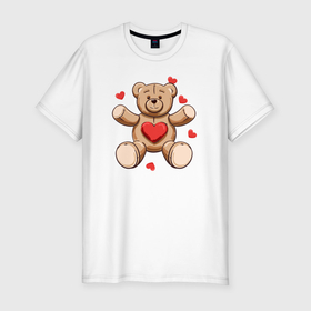 Мужская футболка хлопок Slim с принтом Плюшевый медведь игрушка с сердцем , 92% хлопок, 8% лайкра | приталенный силуэт, круглый вырез ворота, длина до линии бедра, короткий рукав | Тематика изображения на принте: 