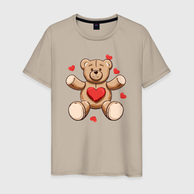 Мужская футболка хлопок с принтом Плюшевый медведь игрушка с сердцем в Санкт-Петербурге, 100% хлопок | прямой крой, круглый вырез горловины, длина до линии бедер, слегка спущенное плечо. | 