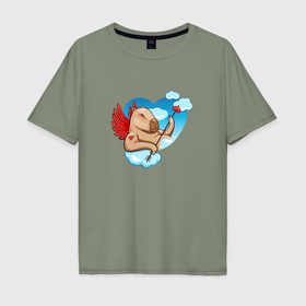 Мужская футболка хлопок Oversize с принтом Капибара купидон в небесах со стрелой в Санкт-Петербурге, 100% хлопок | свободный крой, круглый ворот, “спинка” длиннее передней части | 