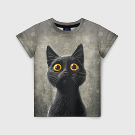 Детская футболка 3D с принтом Черный котик , 100% гипоаллергенный полиэфир | прямой крой, круглый вырез горловины, длина до линии бедер, чуть спущенное плечо, ткань немного тянется | Тематика изображения на принте: 