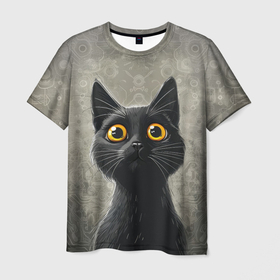 Мужская футболка 3D с принтом Черный котик в Кировске, 100% полиэфир | прямой крой, круглый вырез горловины, длина до линии бедер | 