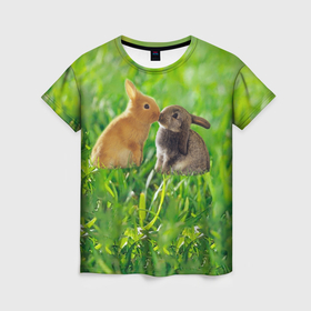 Женская футболка 3D с принтом Кролики в траве в Санкт-Петербурге, 100% полиэфир ( синтетическое хлопкоподобное полотно) | прямой крой, круглый вырез горловины, длина до линии бедер | 