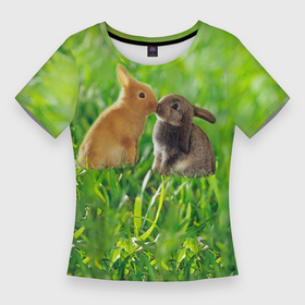 Женская футболка 3D Slim с принтом Кролики в траве в Екатеринбурге,  |  | 