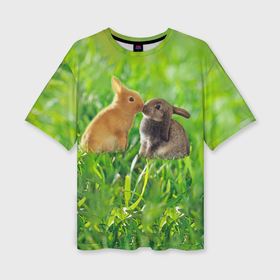 Женская футболка oversize 3D с принтом Кролики в траве в Екатеринбурге,  |  | 