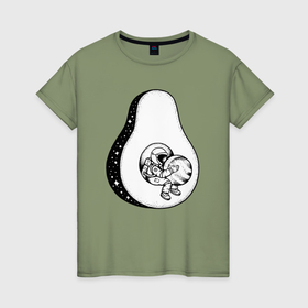Женская футболка хлопок с принтом Космическое авокадо в Кировске, 100% хлопок | прямой крой, круглый вырез горловины, длина до линии бедер, слегка спущенное плечо | 