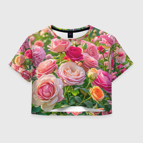 Женская футболка Crop-top 3D с принтом Солнечный сад розовых роз в Петрозаводске, 100% полиэстер | круглая горловина, длина футболки до линии талии, рукава с отворотами | Тематика изображения на принте: 