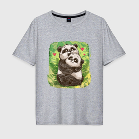 Мужская футболка хлопок Oversize с принтом Влюбленные мультяшные панды в Петрозаводске, 100% хлопок | свободный крой, круглый ворот, “спинка” длиннее передней части | 