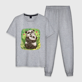 Мужская пижама хлопок с принтом Влюбленные мультяшные панды в Тюмени, 100% хлопок | брюки и футболка прямого кроя, без карманов, на брюках мягкая резинка на поясе и по низу штанин
 | 