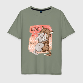 Мужская футболка хлопок Oversize с принтом Влюбленные мультяшные коты в Тюмени, 100% хлопок | свободный крой, круглый ворот, “спинка” длиннее передней части | 