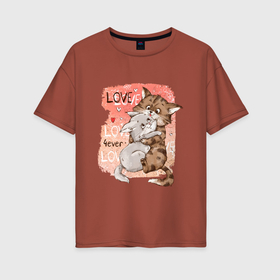 Женская футболка хлопок Oversize с принтом Влюбленные мультяшные коты в Тюмени, 100% хлопок | свободный крой, круглый ворот, спущенный рукав, длина до линии бедер
 | 
