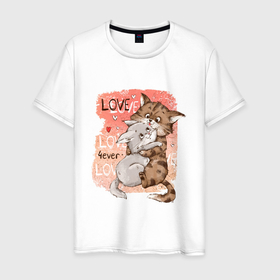 Мужская футболка хлопок с принтом Влюбленные мультяшные коты в Екатеринбурге, 100% хлопок | прямой крой, круглый вырез горловины, длина до линии бедер, слегка спущенное плечо. | 