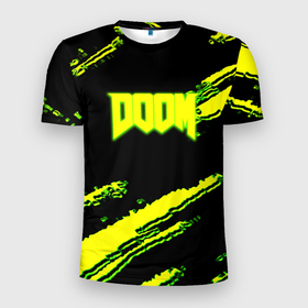 Мужская футболка 3D Slim с принтом Doom кислотное лого краски в Курске, 100% полиэстер с улучшенными характеристиками | приталенный силуэт, круглая горловина, широкие плечи, сужается к линии бедра | 