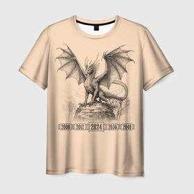 Мужская футболка 3D с принтом Дракон на скале с циклом годов дракона в Новосибирске, 100% полиэфир | прямой крой, круглый вырез горловины, длина до линии бедер | Тематика изображения на принте: 