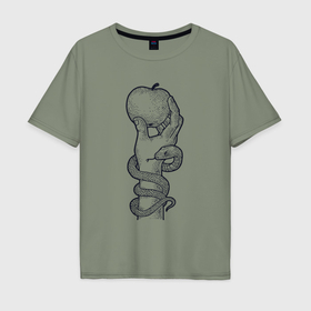Мужская футболка хлопок Oversize с принтом Змея и яблоко в Кировске, 100% хлопок | свободный крой, круглый ворот, “спинка” длиннее передней части | 