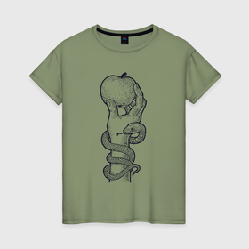 Женская футболка хлопок с принтом Змея и яблоко в Кировске, 100% хлопок | прямой крой, круглый вырез горловины, длина до линии бедер, слегка спущенное плечо | 