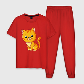 Мужская пижама хлопок с принтом Милый рыжий котёнок в Санкт-Петербурге, 100% хлопок | брюки и футболка прямого кроя, без карманов, на брюках мягкая резинка на поясе и по низу штанин
 | Тематика изображения на принте: 