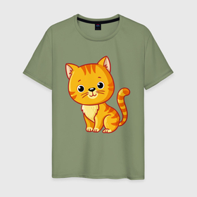 Мужская футболка хлопок с принтом Милый рыжий котёнок в Санкт-Петербурге, 100% хлопок | прямой крой, круглый вырез горловины, длина до линии бедер, слегка спущенное плечо. | Тематика изображения на принте: 