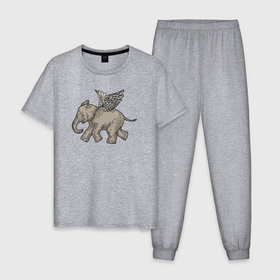 Мужская пижама хлопок с принтом Слон с крыльями , 100% хлопок | брюки и футболка прямого кроя, без карманов, на брюках мягкая резинка на поясе и по низу штанин
 | 
