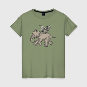 Женская футболка хлопок с принтом Слон с крыльями в Санкт-Петербурге, 100% хлопок | прямой крой, круглый вырез горловины, длина до линии бедер, слегка спущенное плечо | 