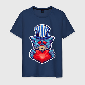 Мужская футболка хлопок с принтом Кот с сердцем в Петрозаводске, 100% хлопок | прямой крой, круглый вырез горловины, длина до линии бедер, слегка спущенное плечо. | Тематика изображения на принте: 