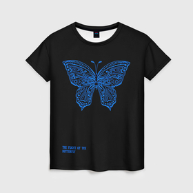 Женская футболка 3D с принтом Синяя бабочка на чёрном фоне в Курске, 100% полиэфир ( синтетическое хлопкоподобное полотно) | прямой крой, круглый вырез горловины, длина до линии бедер | Тематика изображения на принте: 
