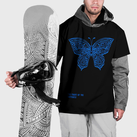 Накидка на куртку 3D с принтом Синяя бабочка на чёрном фоне в Курске, 100% полиэстер |  | Тематика изображения на принте: 