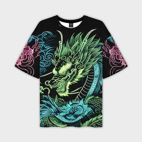 Мужская футболка oversize 3D с принтом Ирезуми   неоновый японский дракон в Санкт-Петербурге,  |  | Тематика изображения на принте: 
