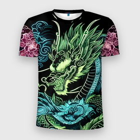 Мужская футболка 3D Slim с принтом Ирезуми   неоновый японский дракон в Санкт-Петербурге, 100% полиэстер с улучшенными характеристиками | приталенный силуэт, круглая горловина, широкие плечи, сужается к линии бедра | Тематика изображения на принте: 