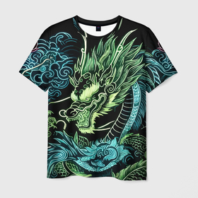 Мужская футболка 3D с принтом Ирезуми   неоновый японский дракон в Санкт-Петербурге, 100% полиэфир | прямой крой, круглый вырез горловины, длина до линии бедер | Тематика изображения на принте: 