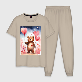 Мужская пижама хлопок с принтом Романтический мишка , 100% хлопок | брюки и футболка прямого кроя, без карманов, на брюках мягкая резинка на поясе и по низу штанин
 | 