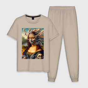 Мужская пижама хлопок с принтом Mona Lisa smoke   surrealism , 100% хлопок | брюки и футболка прямого кроя, без карманов, на брюках мягкая резинка на поясе и по низу штанин
 | 