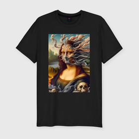 Мужская футболка хлопок Slim с принтом Mona Lisa smoke   surrealism в Петрозаводске, 92% хлопок, 8% лайкра | приталенный силуэт, круглый вырез ворота, длина до линии бедра, короткий рукав | 
