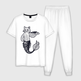 Мужская пижама хлопок с принтом Кошка русалка в Петрозаводске, 100% хлопок | брюки и футболка прямого кроя, без карманов, на брюках мягкая резинка на поясе и по низу штанин
 | 
