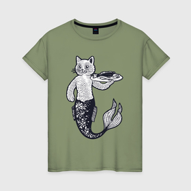 Женская футболка хлопок с принтом Кошка русалка в Петрозаводске, 100% хлопок | прямой крой, круглый вырез горловины, длина до линии бедер, слегка спущенное плечо | 