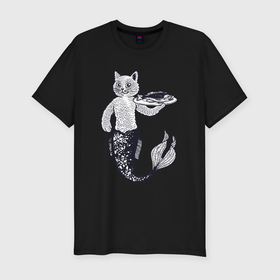 Мужская футболка хлопок Slim с принтом Кошка русалка в Петрозаводске, 92% хлопок, 8% лайкра | приталенный силуэт, круглый вырез ворота, длина до линии бедра, короткий рукав | 