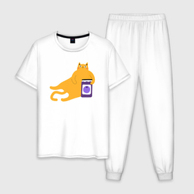 Мужская пижама хлопок с принтом Котик с банкой варенья , 100% хлопок | брюки и футболка прямого кроя, без карманов, на брюках мягкая резинка на поясе и по низу штанин
 | 