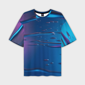 Мужская футболка oversize 3D с принтом Неоновая поверхность синяя с каплями воды в Белгороде,  |  | 