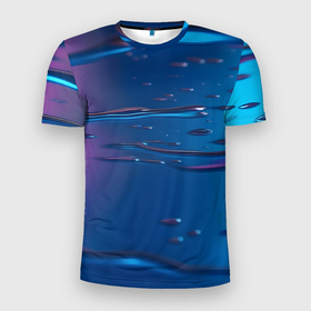 Мужская футболка 3D Slim с принтом Неоновая поверхность синяя с каплями воды в Белгороде, 100% полиэстер с улучшенными характеристиками | приталенный силуэт, круглая горловина, широкие плечи, сужается к линии бедра | Тематика изображения на принте: 