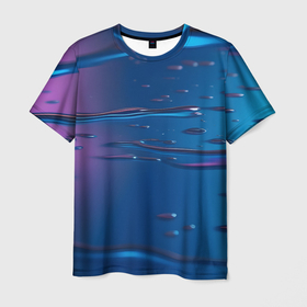 Мужская футболка 3D с принтом Неоновая поверхность синяя с каплями воды в Белгороде, 100% полиэфир | прямой крой, круглый вырез горловины, длина до линии бедер | Тематика изображения на принте: 