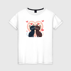 Женская футболка хлопок с принтом Влюблённые котик и кошечка в Белгороде, 100% хлопок | прямой крой, круглый вырез горловины, длина до линии бедер, слегка спущенное плечо | 
