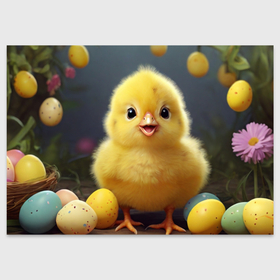 Поздравительная открытка с принтом Цыпленок с крашеными яйцами в Тюмени, 100% бумага | плотность бумаги 280 г/м2, матовая, на обратной стороне линовка и место для марки
 | Тематика изображения на принте: 
