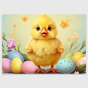 Поздравительная открытка с принтом Желтый цыплёнок с крашеными яйцами в Тюмени, 100% бумага | плотность бумаги 280 г/м2, матовая, на обратной стороне линовка и место для марки
 | Тематика изображения на принте: 