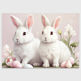 Поздравительная открытка с принтом Белый пасхальные кролики с крашеными яйцами , 100% бумага | плотность бумаги 280 г/м2, матовая, на обратной стороне линовка и место для марки
 | 