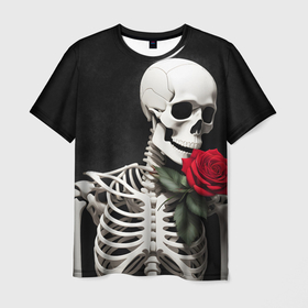 Мужская футболка 3D с принтом Скелет с розой в области сердца в Тюмени, 100% полиэфир | прямой крой, круглый вырез горловины, длина до линии бедер | 