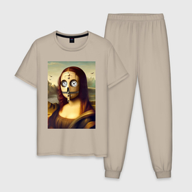 Мужская пижама хлопок с принтом Mona Lisa in a mask   steampunk , 100% хлопок | брюки и футболка прямого кроя, без карманов, на брюках мягкая резинка на поясе и по низу штанин
 | Тематика изображения на принте: 