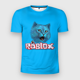 Мужская футболка 3D Slim с принтом Roblox синий кот в Екатеринбурге, 100% полиэстер с улучшенными характеристиками | приталенный силуэт, круглая горловина, широкие плечи, сужается к линии бедра | Тематика изображения на принте: 