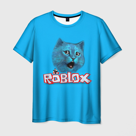 Мужская футболка 3D с принтом Roblox синий кот в Новосибирске, 100% полиэфир | прямой крой, круглый вырез горловины, длина до линии бедер | 