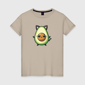Женская футболка хлопок с принтом Мультяшный авокадо котик в Кировске, 100% хлопок | прямой крой, круглый вырез горловины, длина до линии бедер, слегка спущенное плечо | 